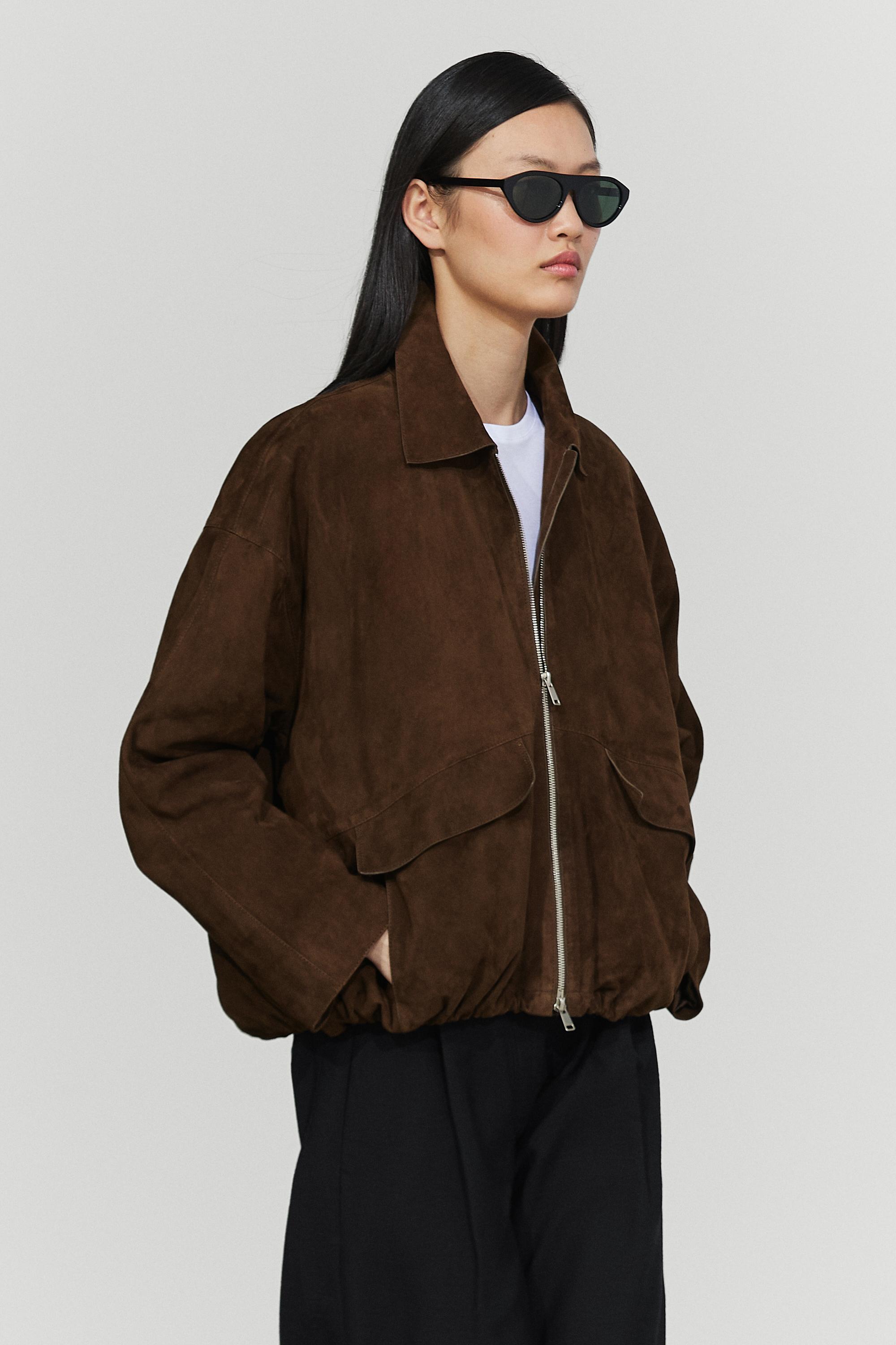 Oversize suede leather bomber jacket